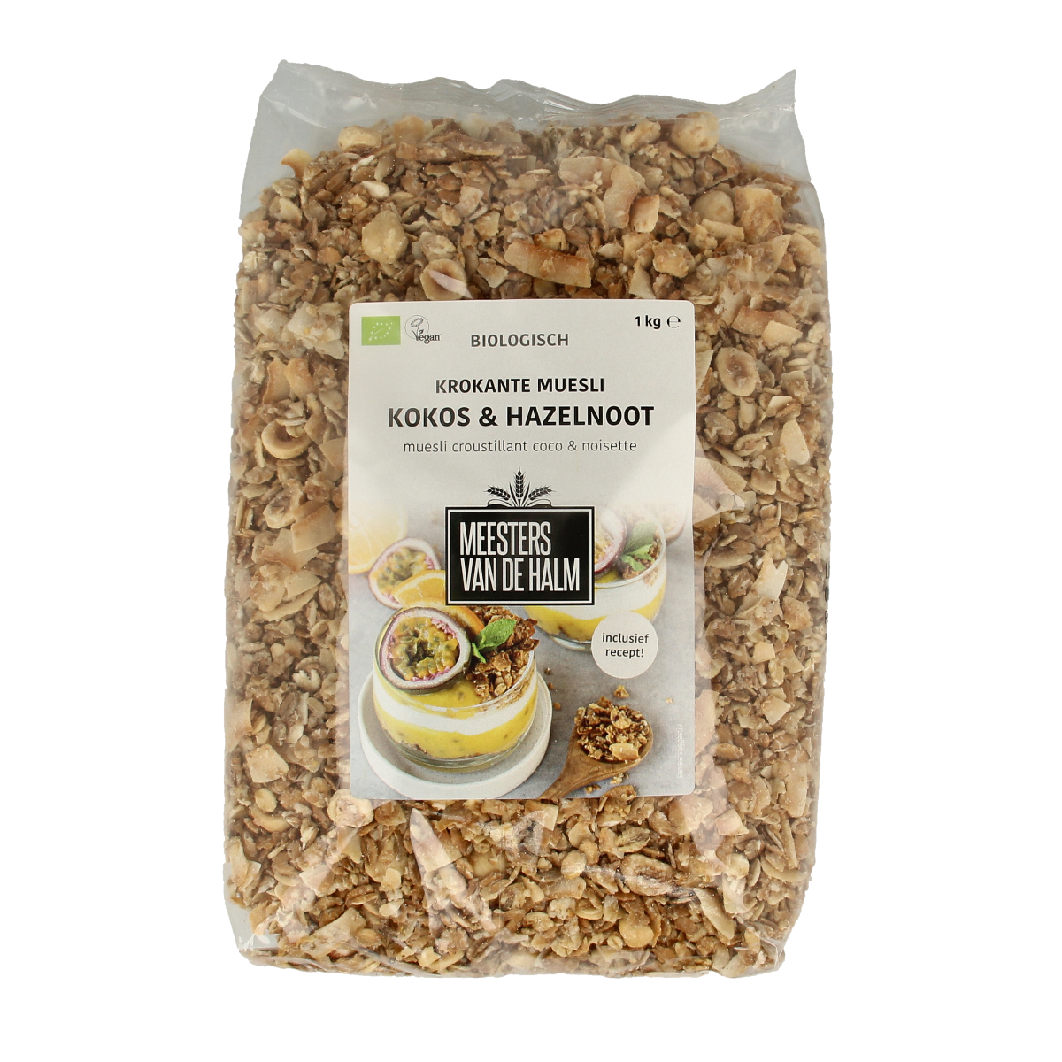 De Halm bio muesli krokant kokos en hazelnoten in 1 kg verpakking, showing crunchy granola with coconut flakes and hazelnuts.