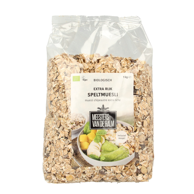 De Halm Speltmuesli extra rijk bio, 1 kg ontbijtgranen with crunchy spelt flakes and added dried fruits in a clear bowl.