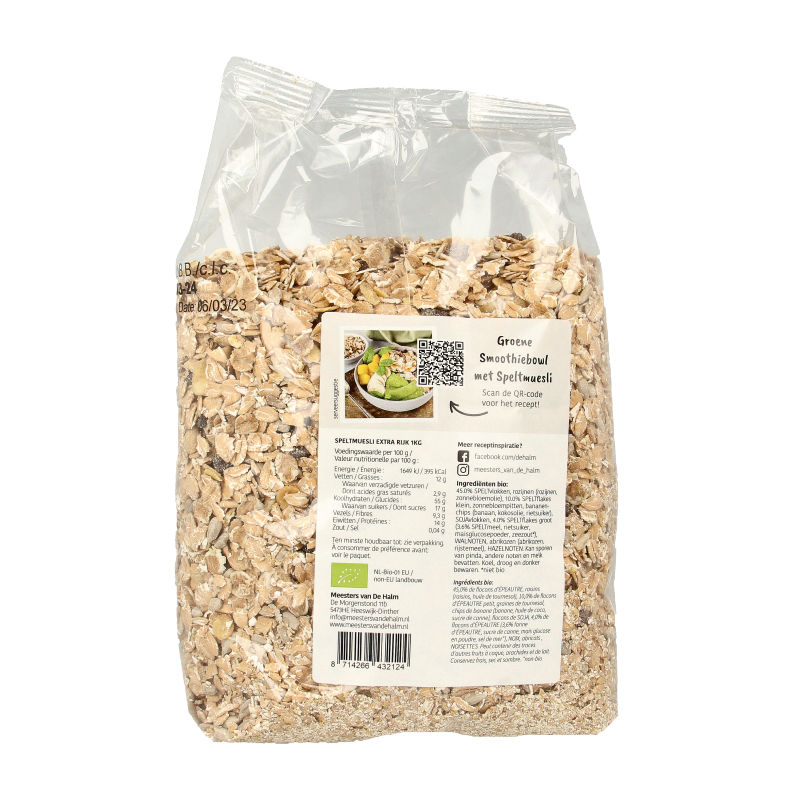 De Halm speltmuesli extra rijk bio ontbijtgranen in 1 kilogram bag, featuring toasted spelt flakes with dried fruits and nuts.