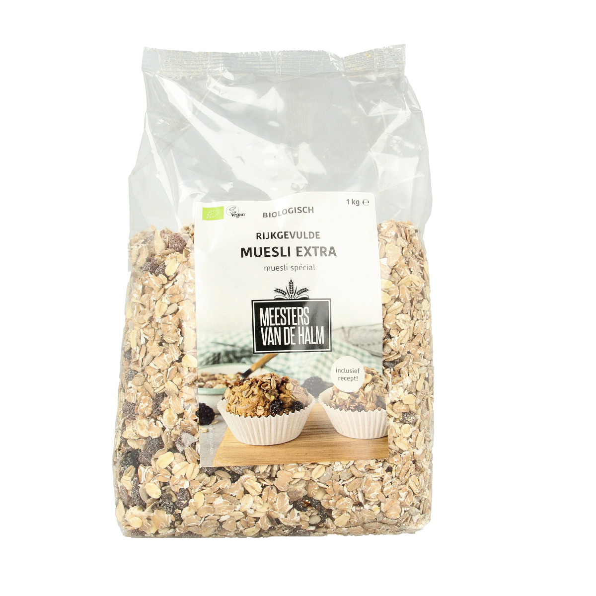 De Halm bio muesli ontbijtgranen in 1 kg package, showing a bowl of crunchy, healthy multigrain cereal with dried fruit and nuts.