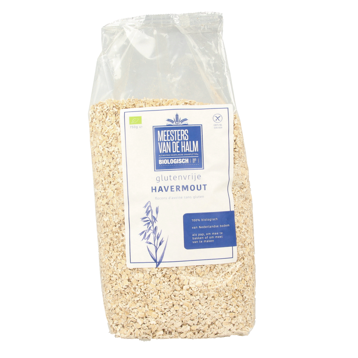 Gluten-free organic oat flakes from De Halm in a 750g package, suitable for breakfast cereals and healthy mornings.