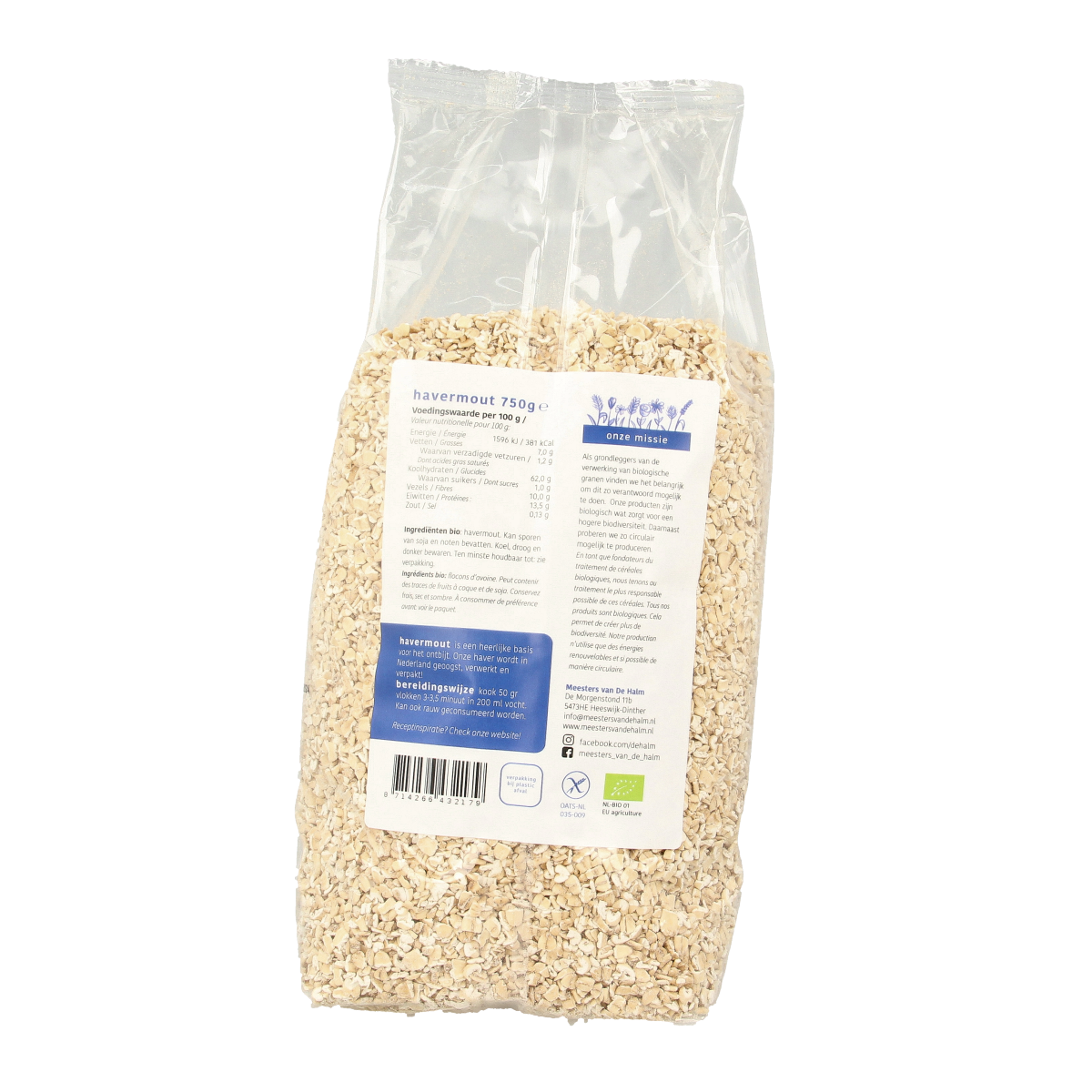 De Halm biologisch glutenvrije havermout ontbijtgranenschaal in 750g verpakking, close-up of the oats.
