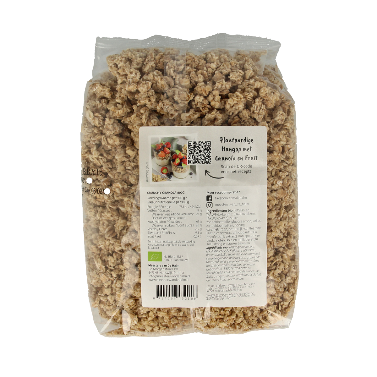 De Halm organic granola breakfast cereal in an 800g package, showing a bowl of granola with nuts and dried fruit.