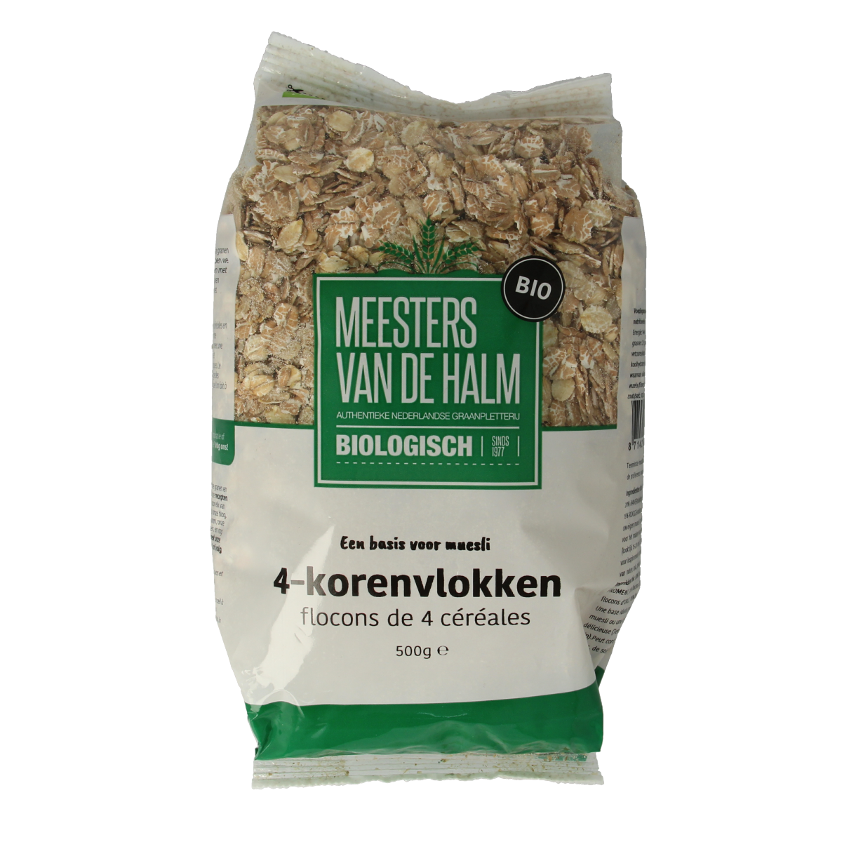 De Halm 4-Korenvlokken bio ontbijtgranen in 500g package, showing crunchy multigrain flakes in a natural setting