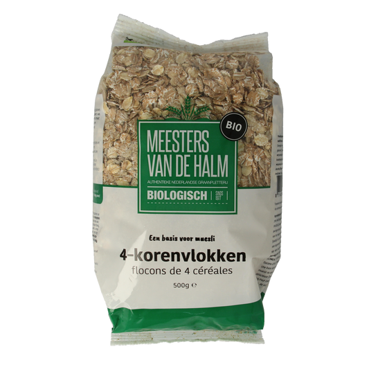 De Halm 4-Korenvlokken bio ontbijtgranen in 500g package, showing crunchy multigrain flakes in a natural setting