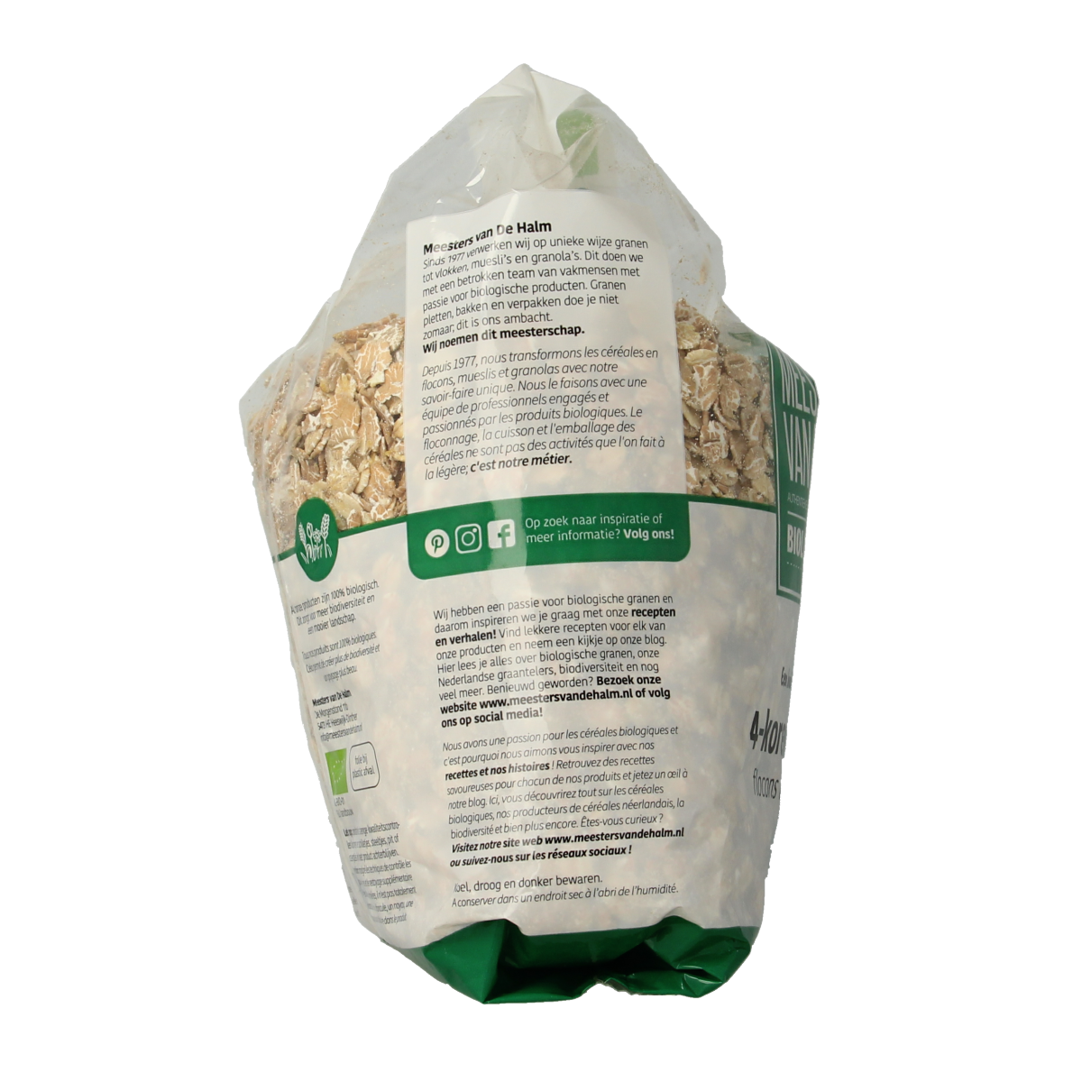 De Halm 4-Korenvlokken bio ontbijtgranen in een kom, close-up van de korrels en textuur, 500 gram verpakking