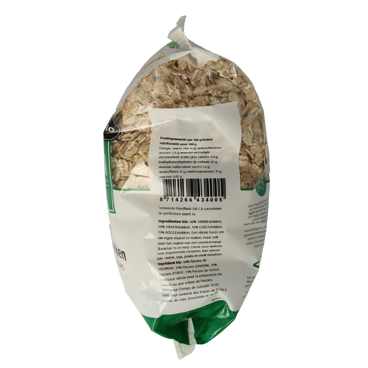 De Halm 4-Korenvlokken bio ontbijtgranen in een kom, dichtbij, met korenvlokken en natuurlijke textuur.