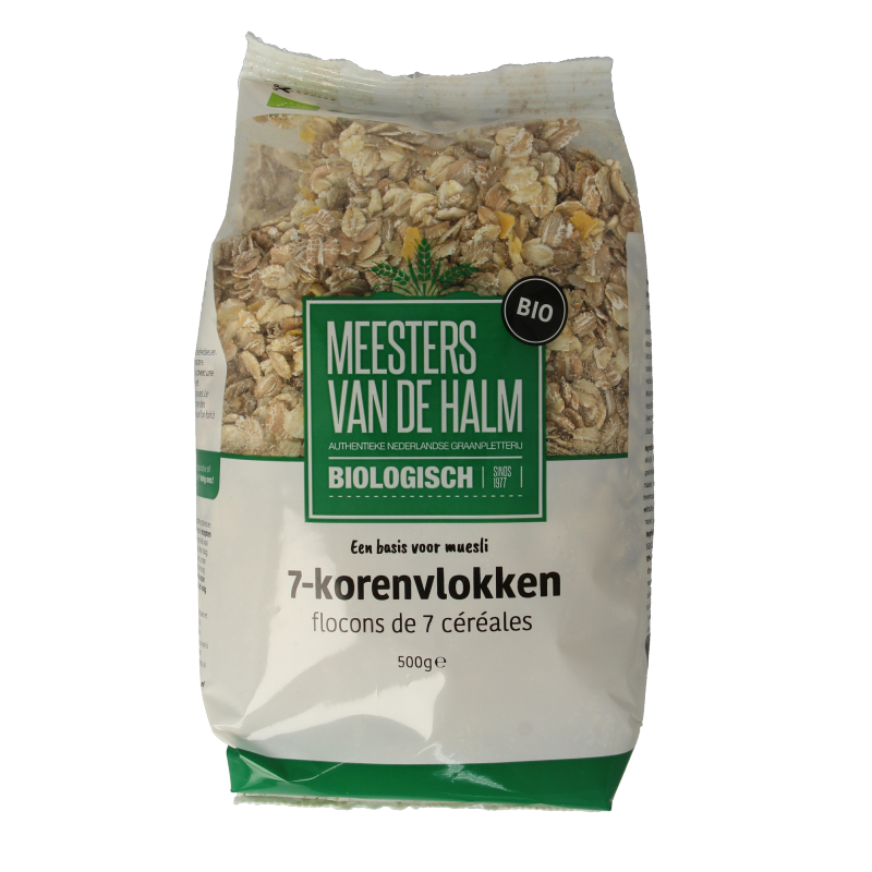De Halm 7-Korenvlokken bio ontbijtgranen in een kom, close-up van de volkoren granen in een heldere kom.