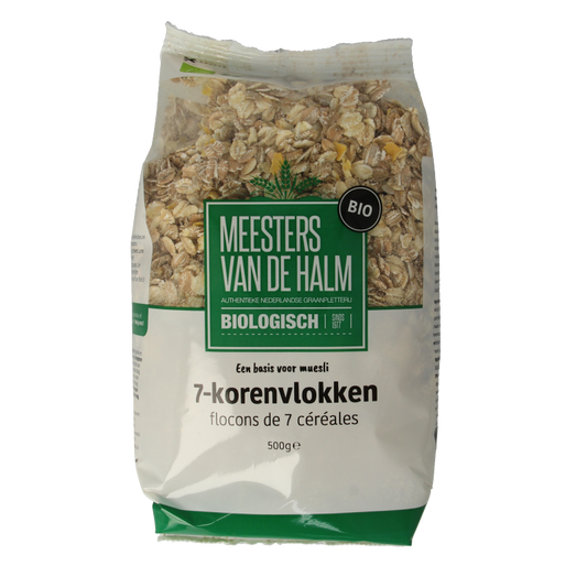 De Halm 7-Korenvlokken bio ontbijtgranen in een kom, close-up van de volkoren granen in een heldere kom.