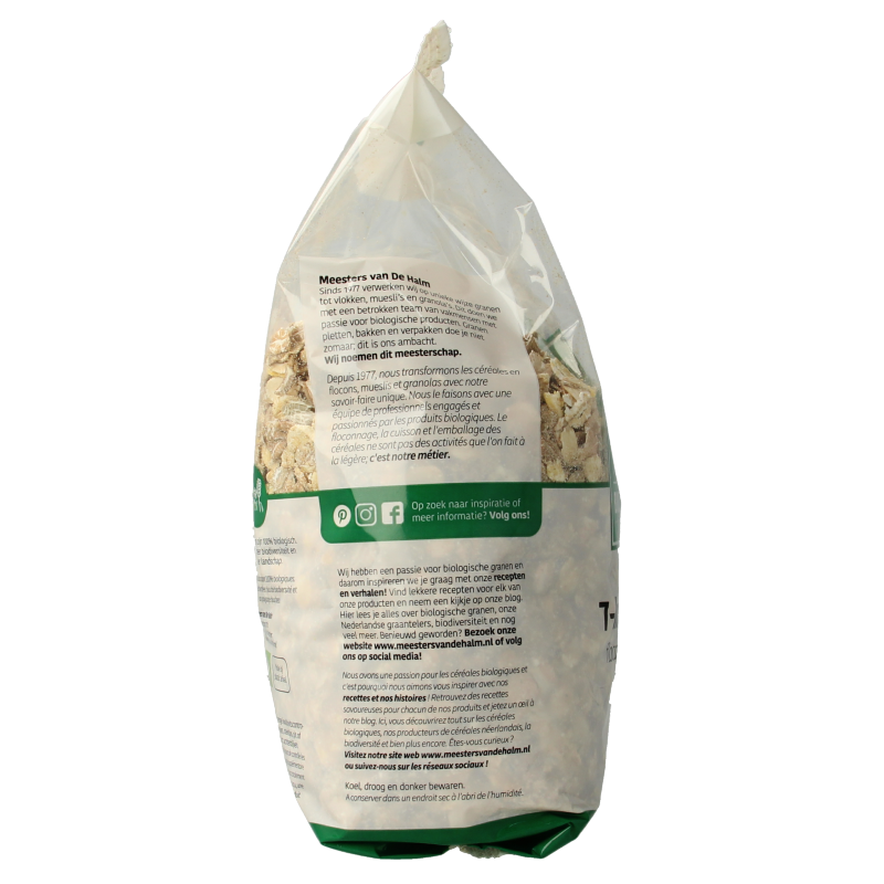 De Halm 7-Korenvlokken bio ontbijtgranen in 500g bag, featuring a mix of organic cereal flakes and grains.