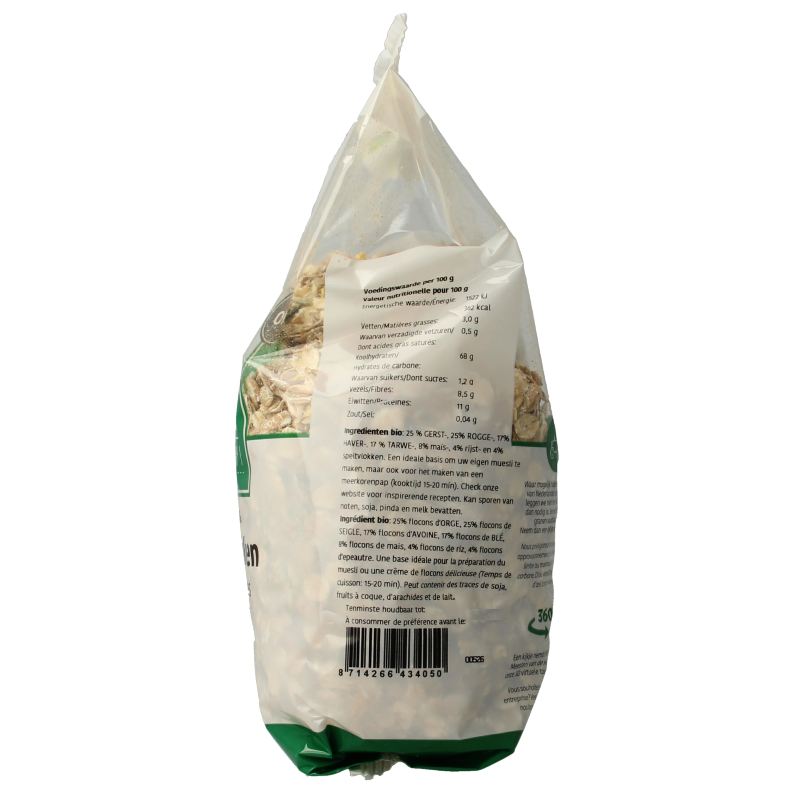 Organic De Halm 7-Korenvlokken breakfast cereal in a 500g package, showing crispy multigrain flakes in a clear bowl.