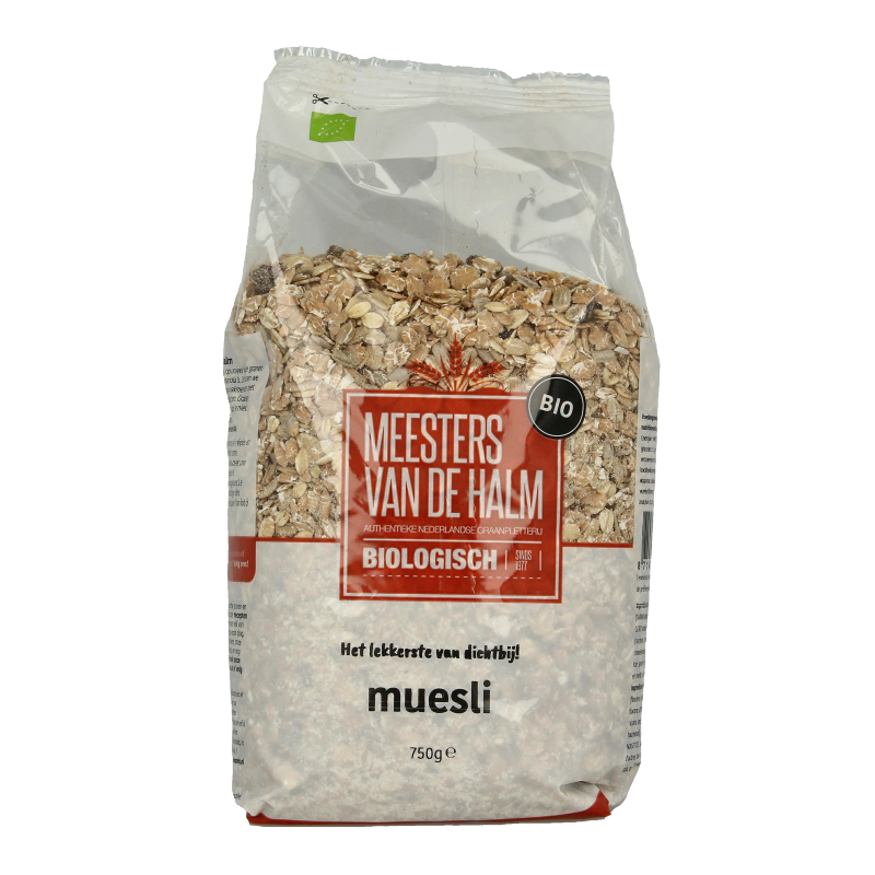 De Halm biologisch muesli standaard, 750 gram, in een open doos met muesli en een lepel, klaar voor ontbijt.