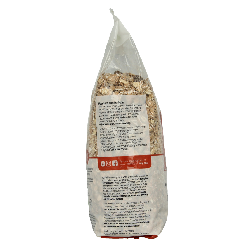 De Halm biologische muesli standaard ontbijtgranen in 750 gram verpakking, shown in a clear image.