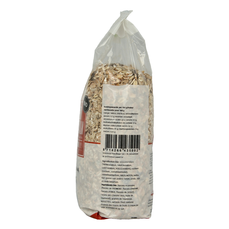 De Halm bio muesli standaard ontbijtgraan in 750 gram verpakking, visible with a bowl of muesli and fresh fruit.