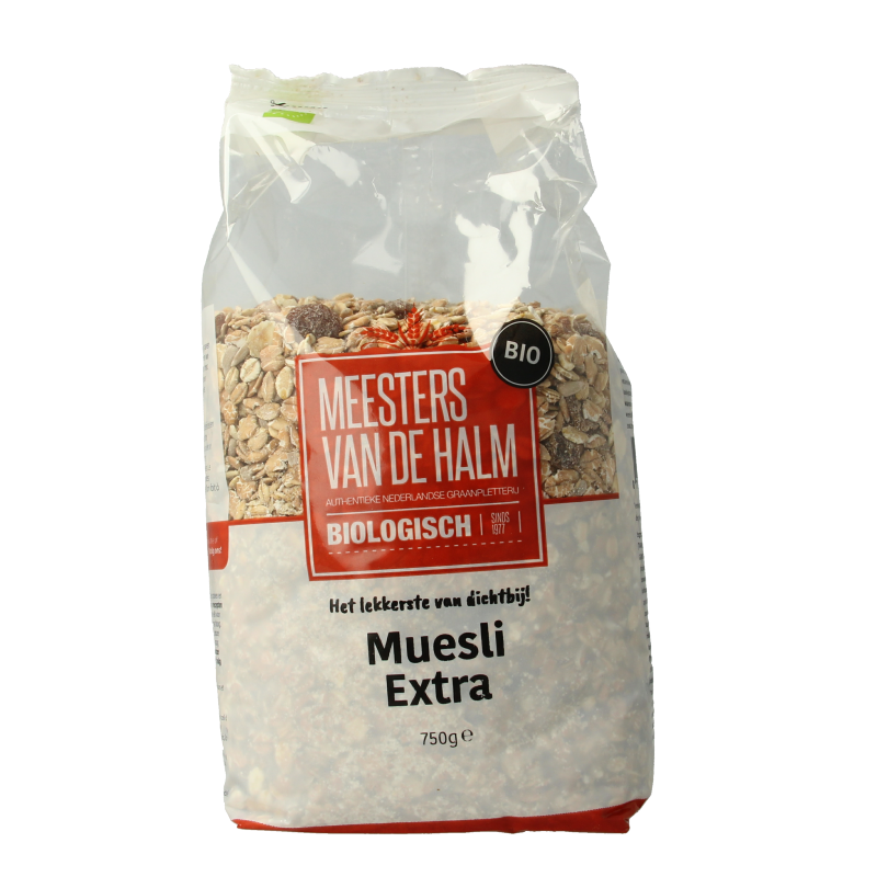 De Halm extra bio muesli ontbijtgranen in 750g package, with mixed grains and dried fruits visible in the image.