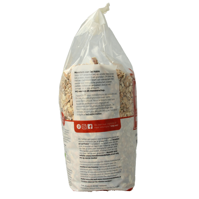 De Halm bio muesli extra ontbijtgranen in 750g package, showing a bowl of mixed grains and dried fruits for healthy breakfast.