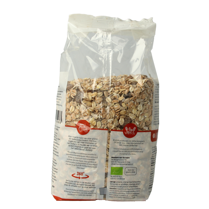 De Halm extra bio muesli in a 750g package, natural breakfast cereal with mixed grains and dried fruits, healthy organic breakfast option.