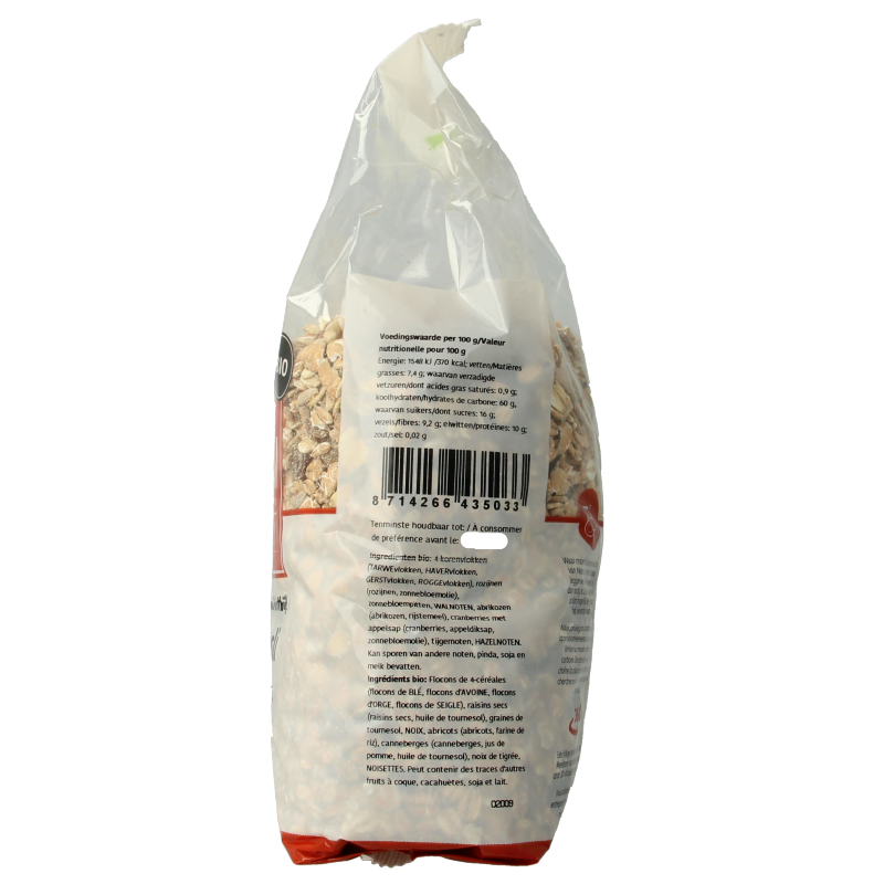 De Halm bio muesli ontbijtgranen in 750g package, showing a close-up of the crunchy, wholesome cereal grains.