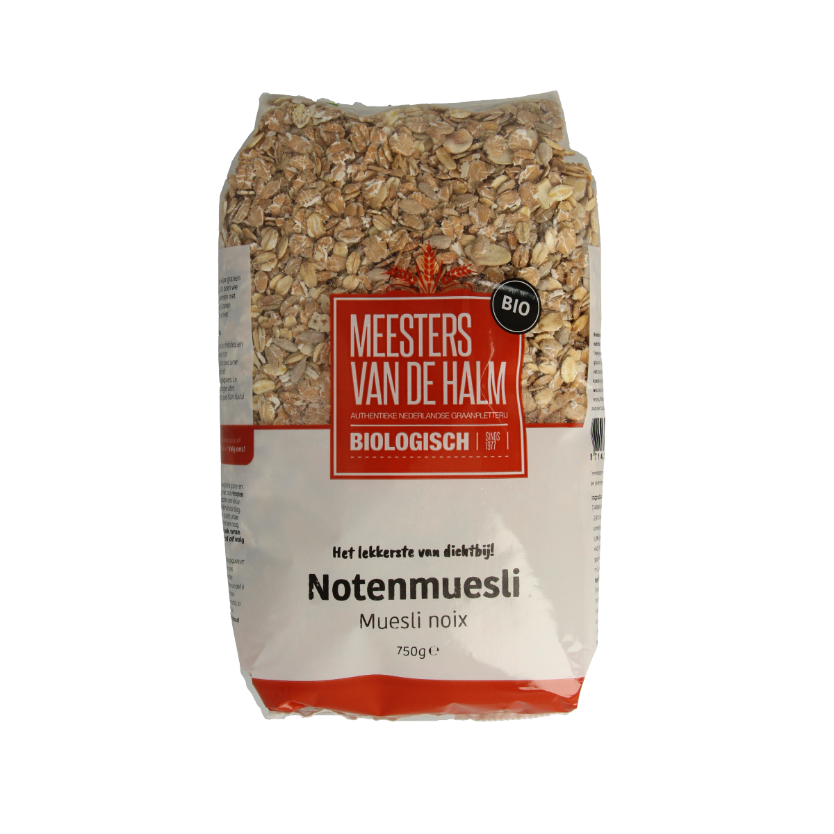 De Halm bio muesli noten ontbijtgranen in een 750g verpakking met gemengde noten en granen, geschikt voor een gezond ontbijt