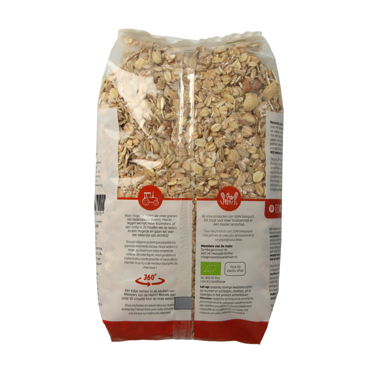 De Halm bio muesli noten ontbijtgranen in een 750g pack, met gemengde noten en granen voor een gezond ontbijt