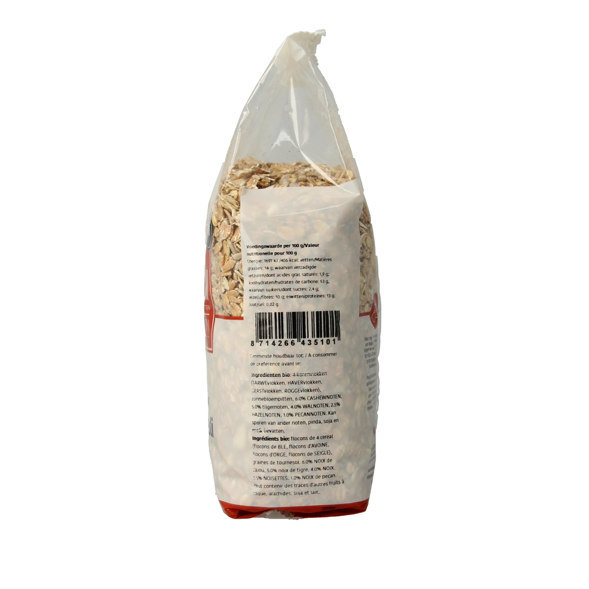 De Halm bio muesli noten ontbijtgranen in 750g package, visible with mixed grains and nuts in a clear bowl.
