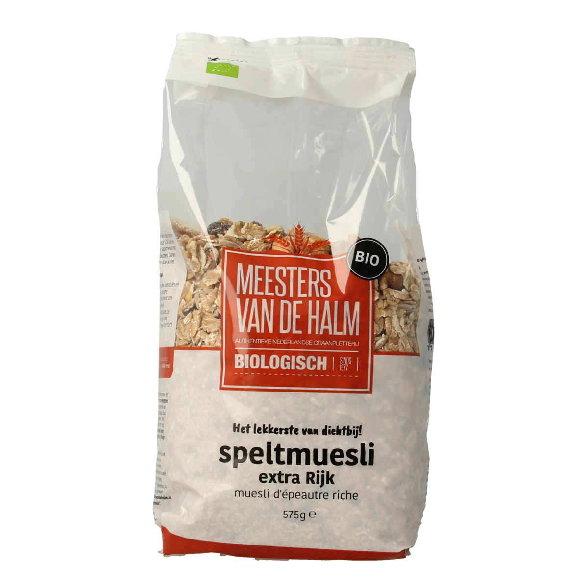 De Halm Spelt Extra Rijk Bio Muesli ontbijtgranen in 575g package, featuring a close-up of the cereal grains