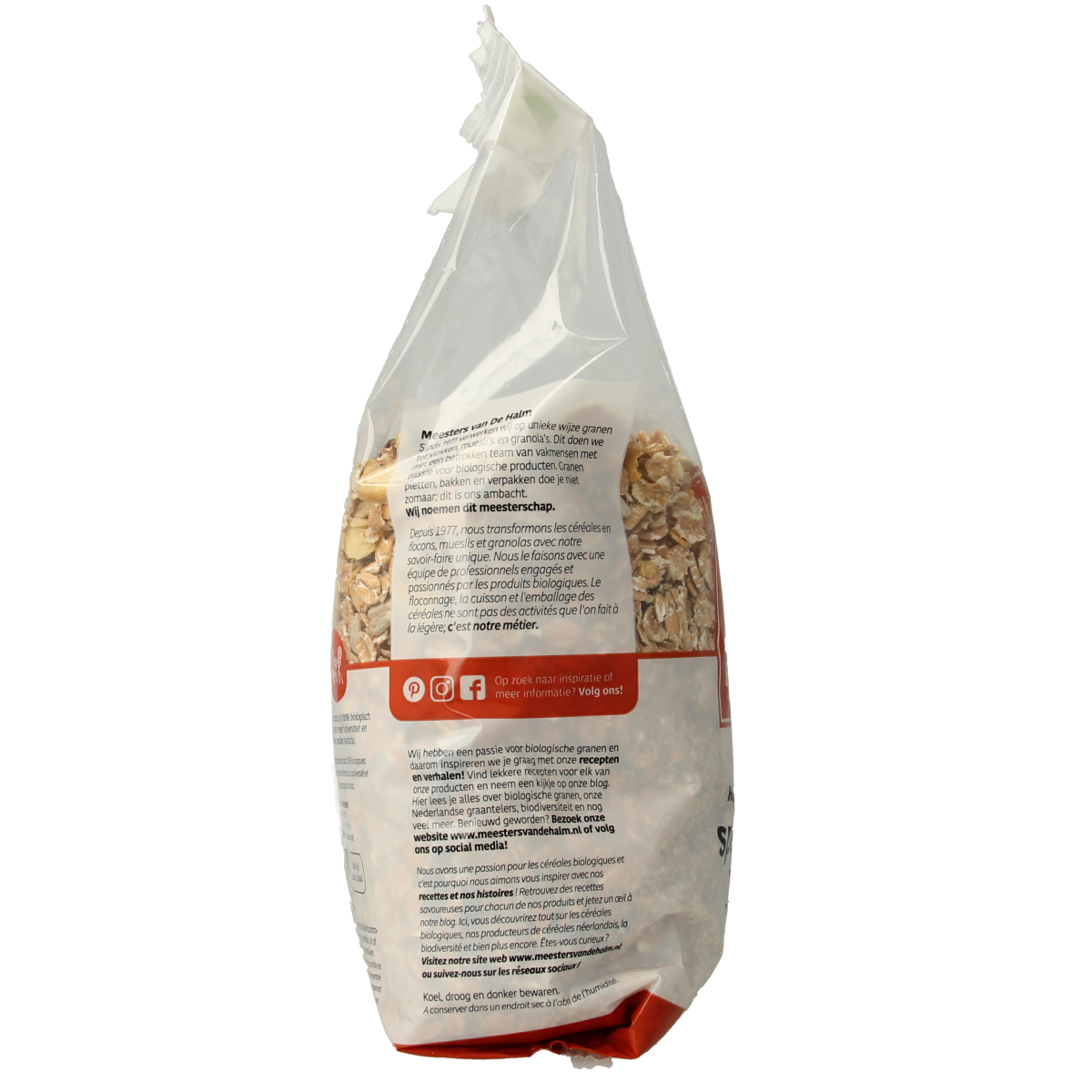 De Halm Muesli Spelt Extra Rijk bio breakfast cereal in a 575g package, showing the product box with spelt grains.
