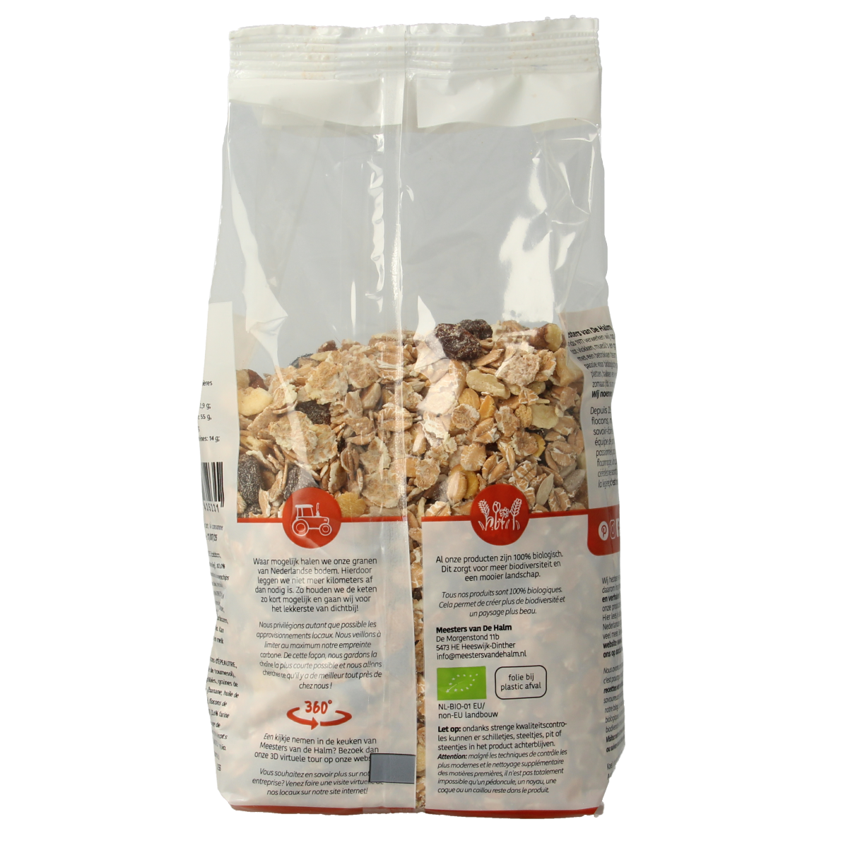 De Halm spelt extra rijk bio muesli ontbijtgranen in 575g package, featuring crunchy, wholesome cereal with spelt grains.