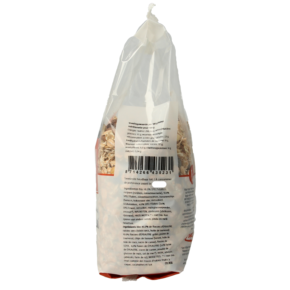 De Halm spelt muesli ontbijtgranola in een 575g verpakking, biologische en rijk aan voedingsstoffen, zichtbaar in de afbeelding.
