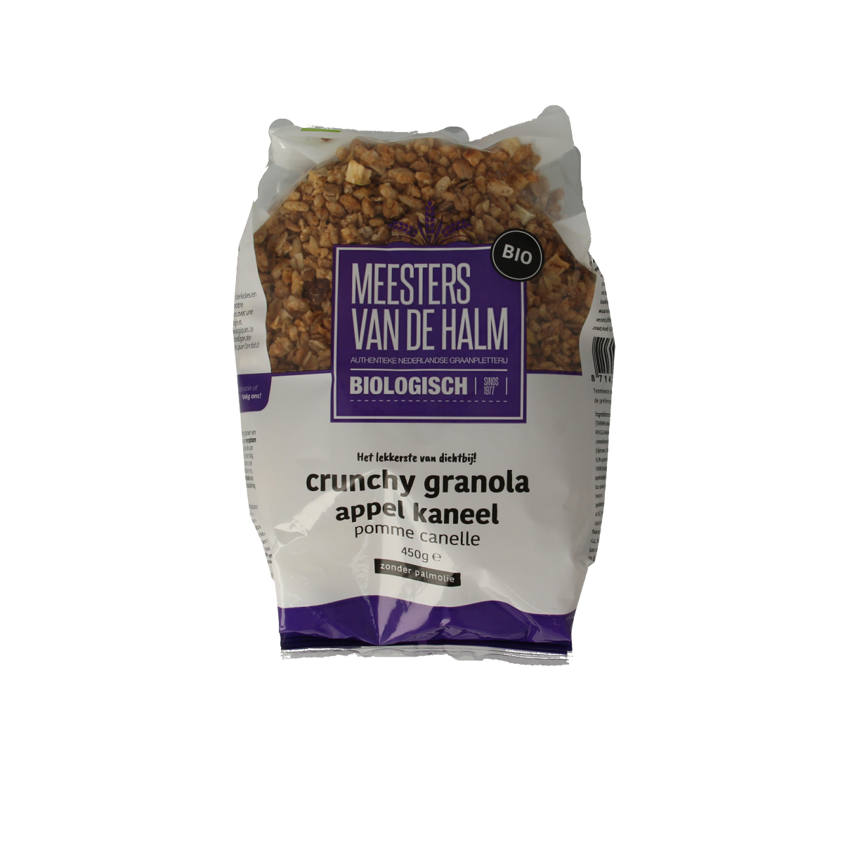 De Halm Crunchy granola met appel en kaneel, biologische ontbijtgranen in een 450g verpakking, zichtbaar in de afbeelding.