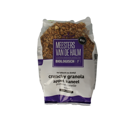De Halm Crunchy granola met appel en kaneel, biologische ontbijtgranen in een 450g verpakking, zichtbaar in de afbeelding.