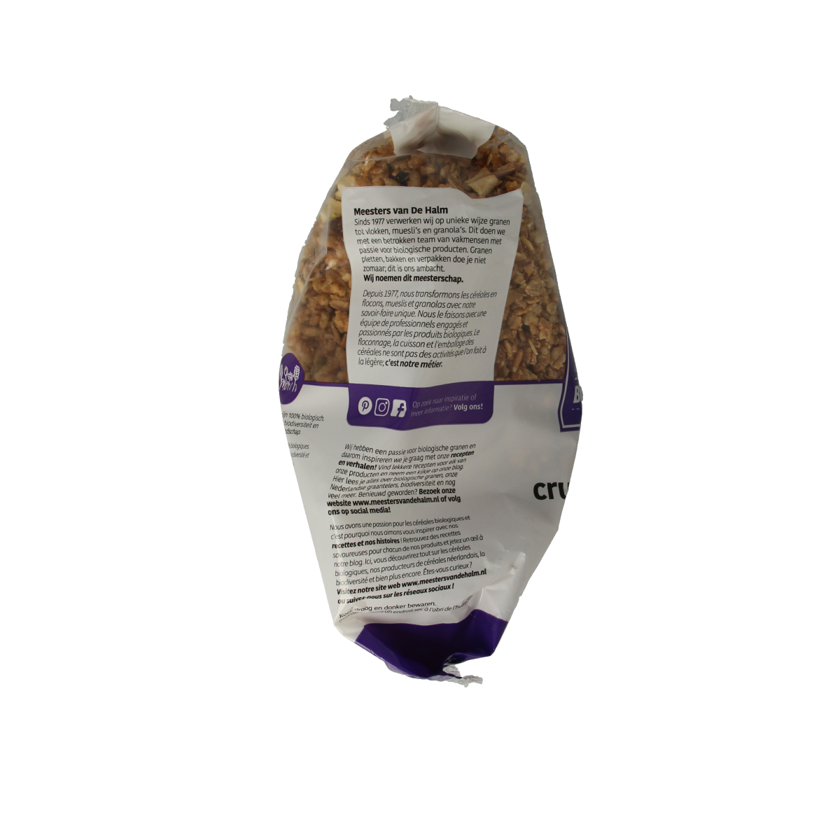 De Halm crunchy organic apple cinnamon breakfast granola in a 450g bag, showing a bowl of granola with apple slices and cinnamon sticks.