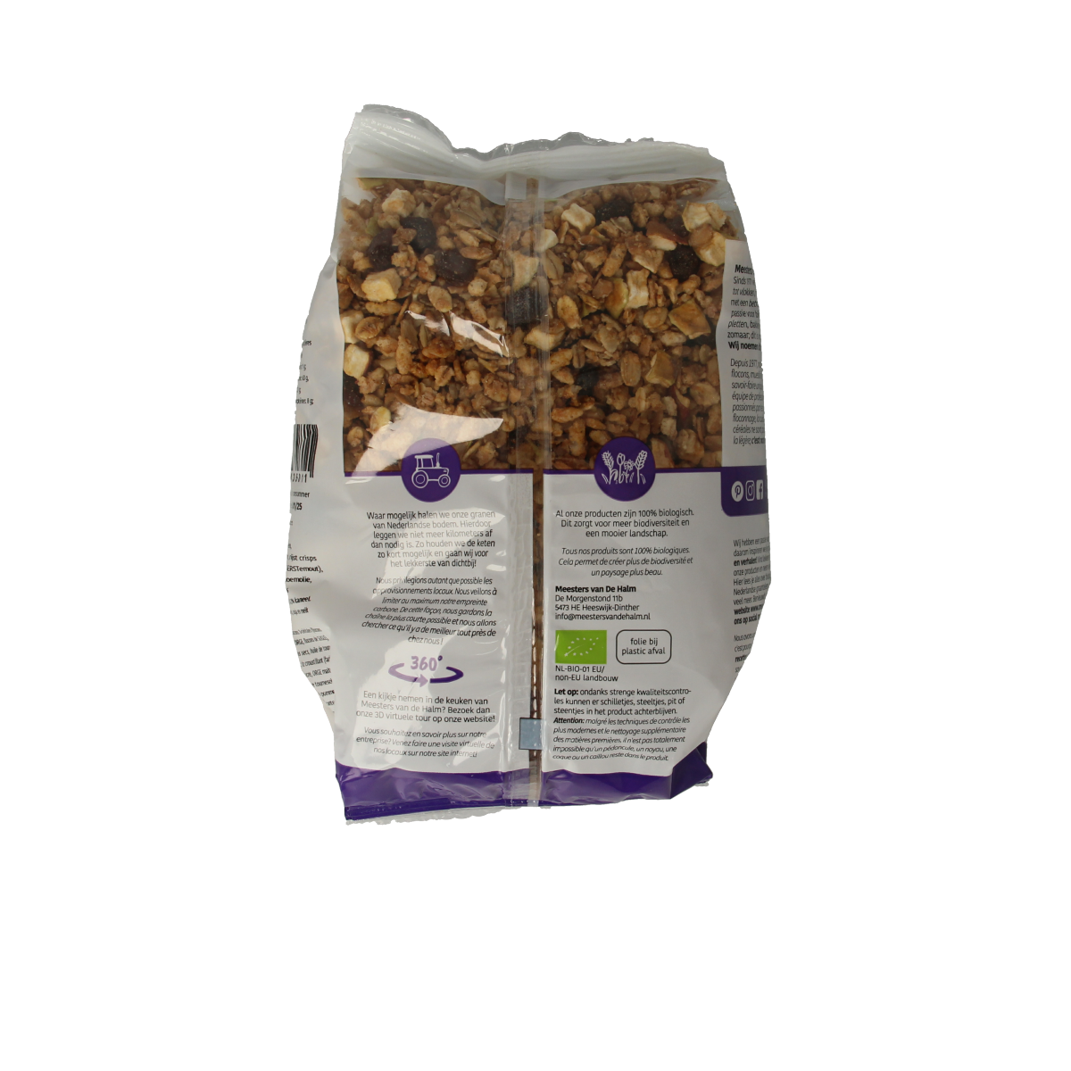 De Halm crunchy organic granola with apple and cinnamon in 450g package, perfect for breakfast or snacks.