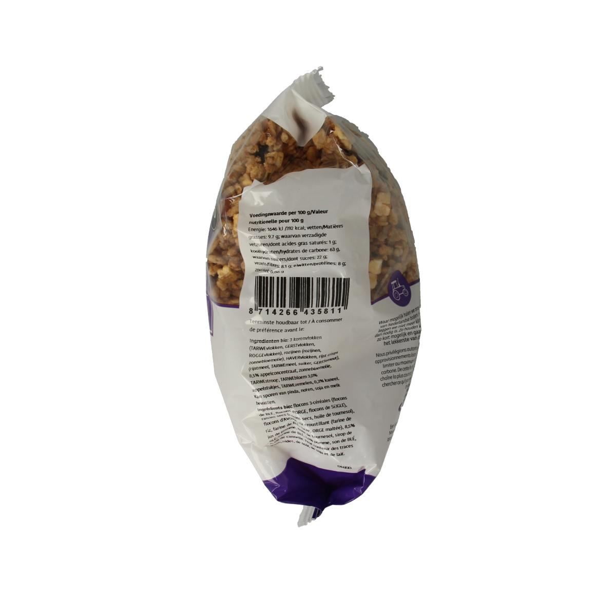 De Halm crunchy bio granola with apple and cinnamon for breakfast, shown in a 450g package.