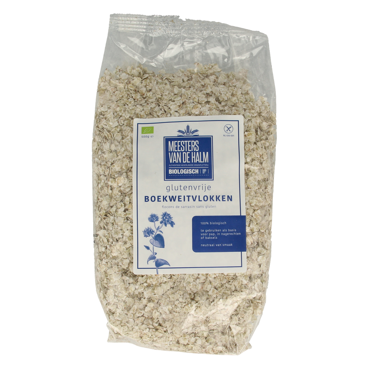 De Halm bio boekweitvlokken ontbijtgranen in een groene kom, klaar om te eten, close-up van de glutenvrije, gezonde granen.