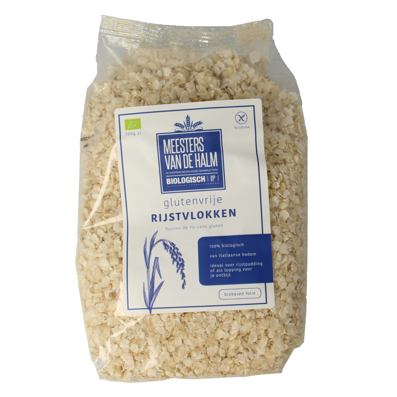 De Halm bio rijstvlokken in 500 gram package, showing crunchy rice flakes for breakfast or baking.