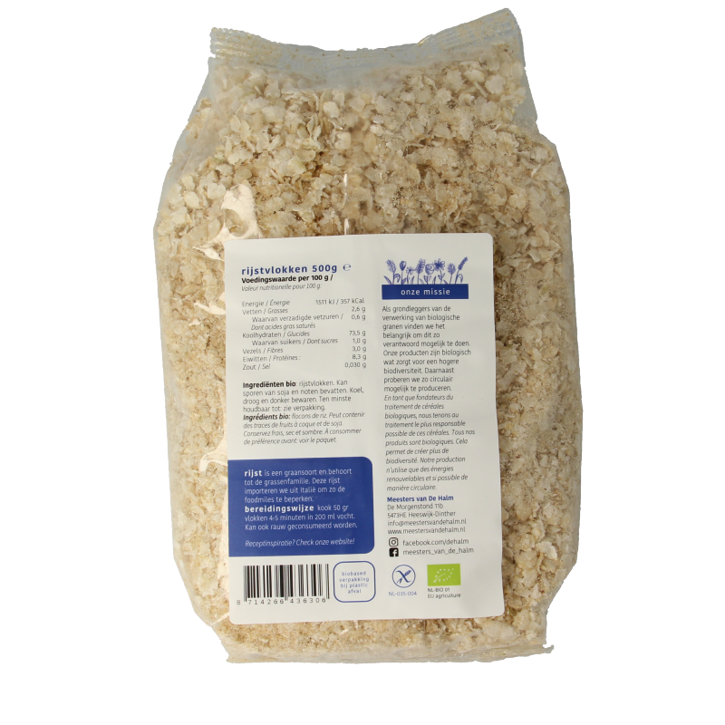 De Halm biologische rijstvlokken in 500 gram verpakking, shown in a close-up image of the rice flakes.
