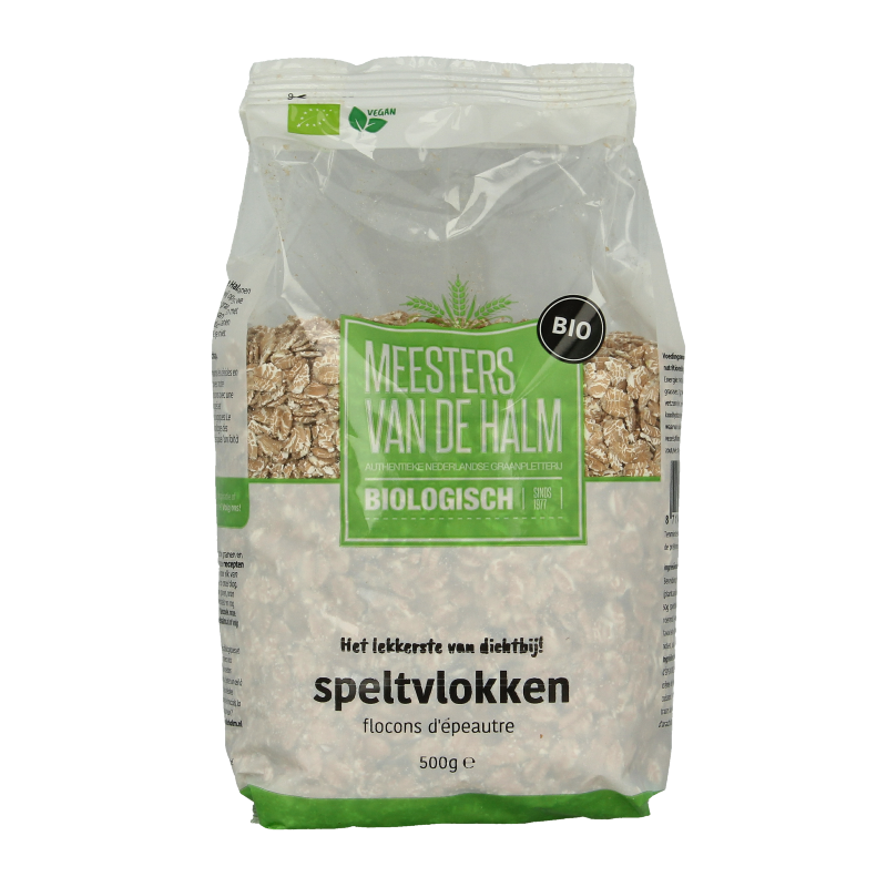 De Halm bio speltvlokken ontbijtgranen in 500g package, showing golden toasted spelt flakes in a clear bowl.
