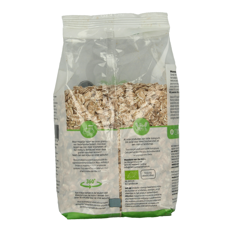 De Halm bio spelt flakes in a 500g package, natural breakfast grains with whole spelt in a resealable bag.