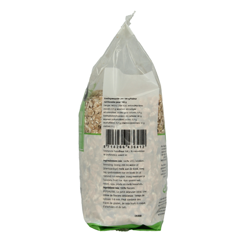 Organic De Halm spelt flakes in a 500g package, showing a close-up of the wholesome, toasted breakfast grains.