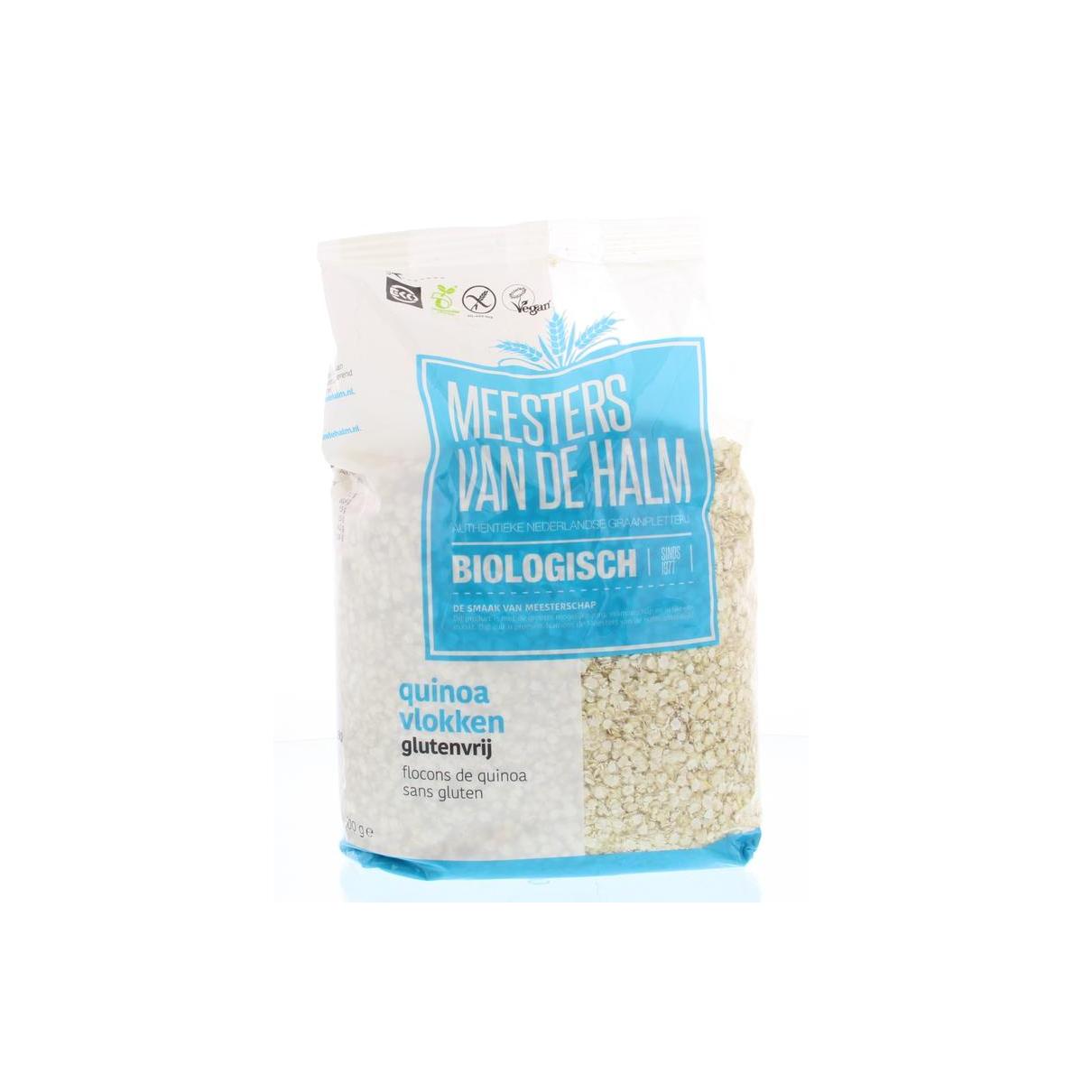 Organic De Halm Quinoa Flakes in a 500g package, raw superfood product with a natural, wholesome appearance.