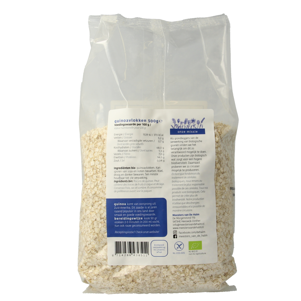 Organic quinoa flakes from De Halm, 500g package, showing raw superfood grains in a clear container.