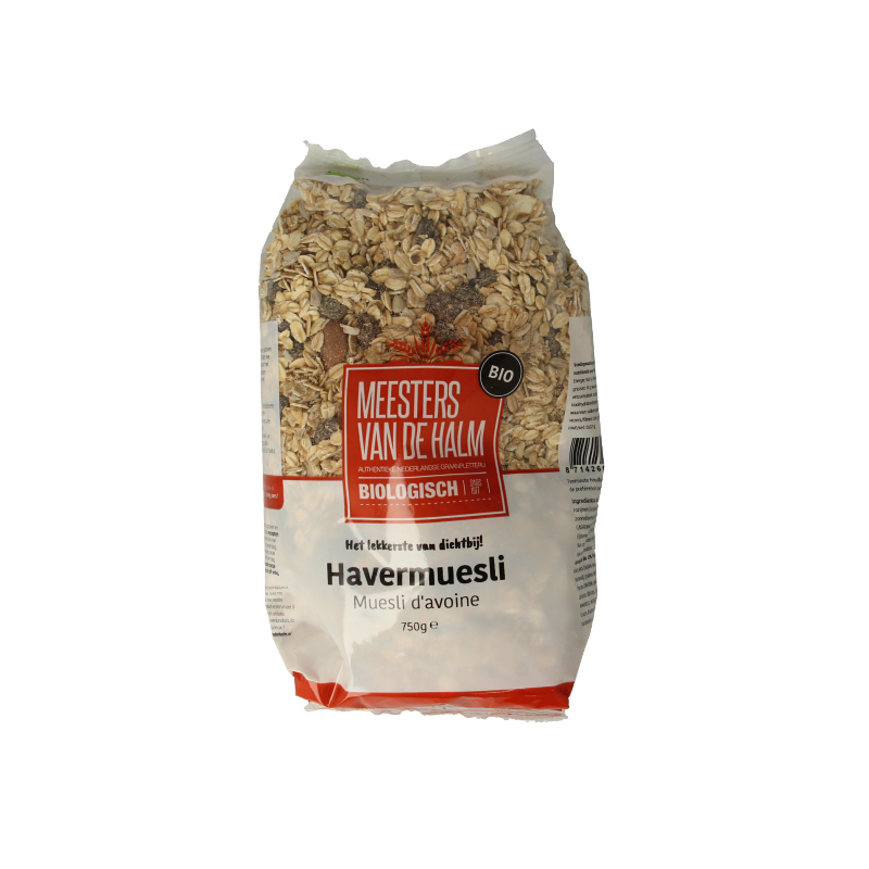 De Halm bio havermuesli ontbijtgranen in 750g package, showing a bowl of muesli with oats and dried fruits.