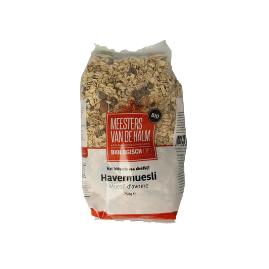 De Halm bio havermuesli ontbijtgranen in 750g package, showing a bowl of muesli with oats and dried fruits.