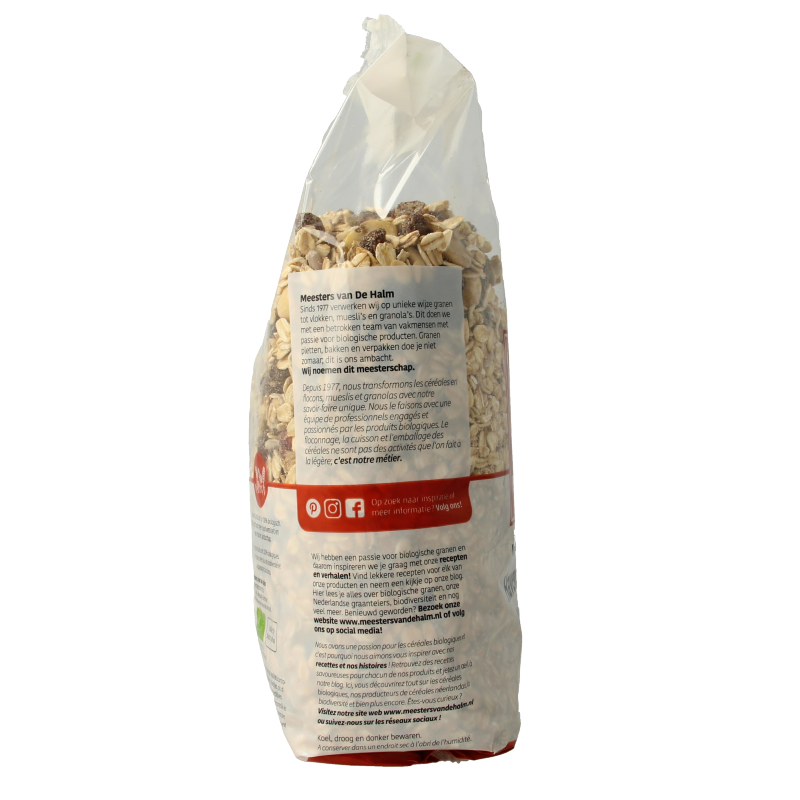 De Halm organic havermuesli breakfast cereal in a 750g package with visible oats and grains on the front.