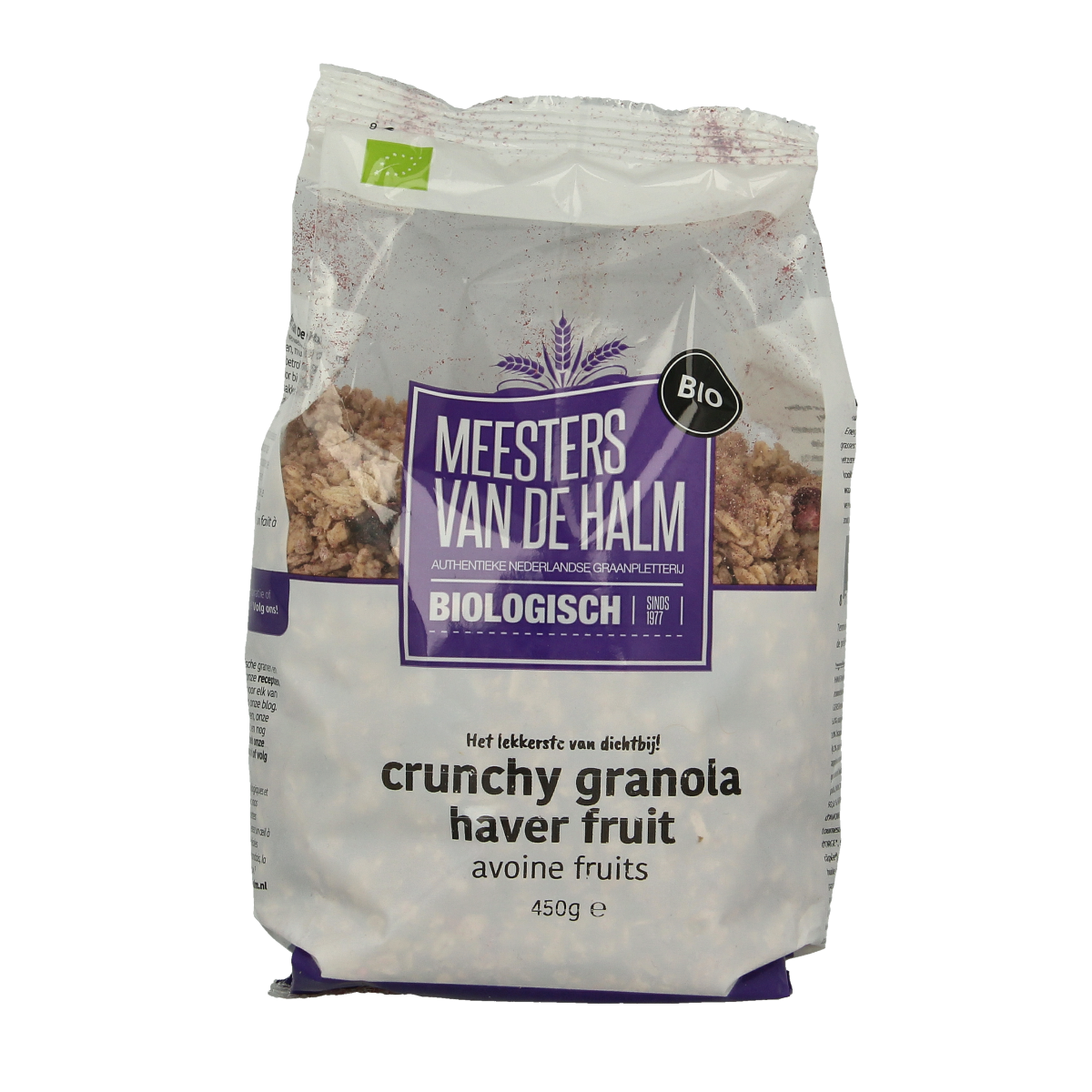 De Halm Crunchy granola haver fruit bio in 450g package, natural breakfast cereal with oats and dried fruit.