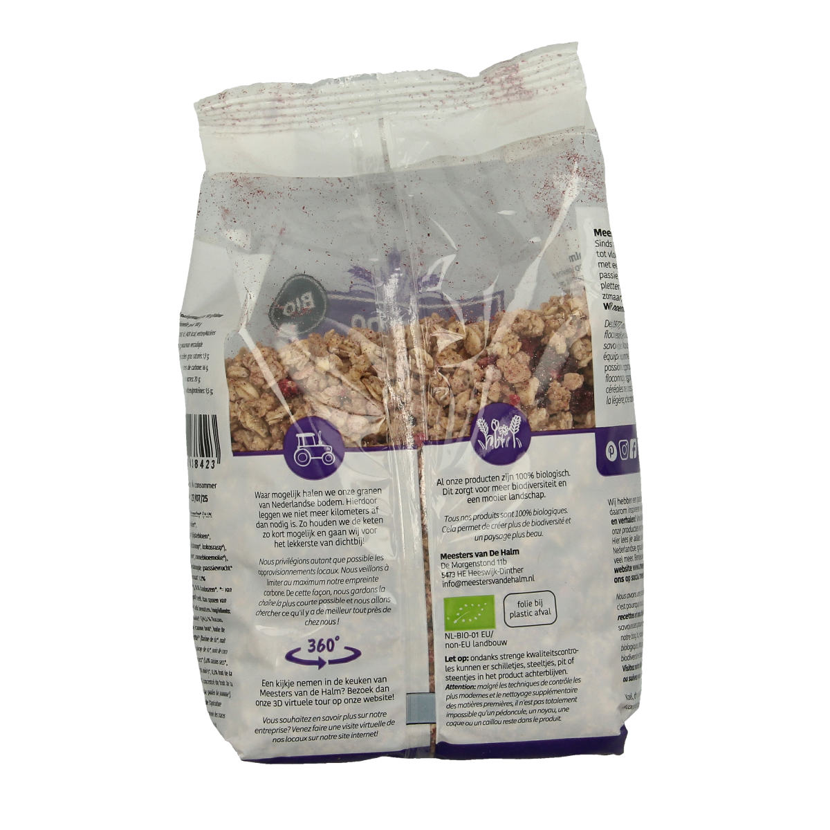 De Halm Crunchy granola haver fruit bio in 450g, natural breakfast cereal with oats and dried fruit, packaged in a clear bowl.
