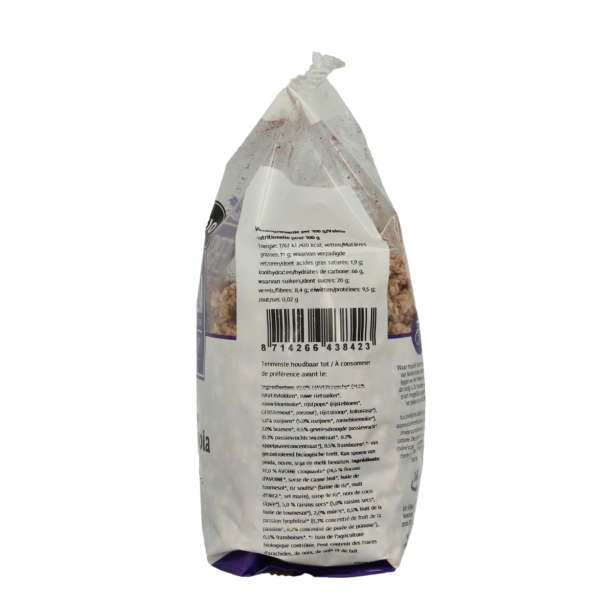 De Halm crunchy bio granola with oats and dried fruit in a 450g package, ideal for breakfast.
