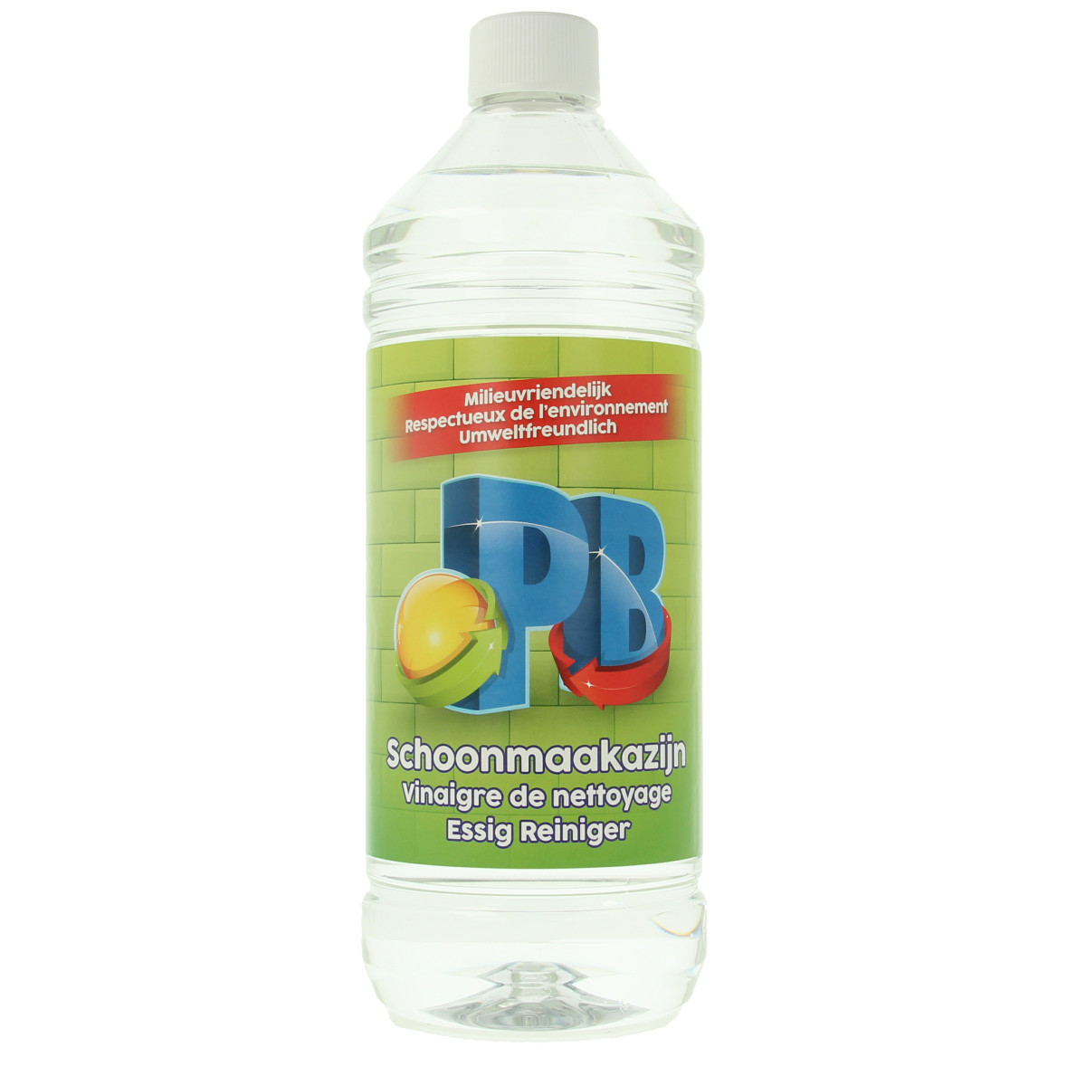 PB Schoonmaakazijn 1 liter bottle, natural cleaning vinegar for household use, with label and transparent plastic bottle.