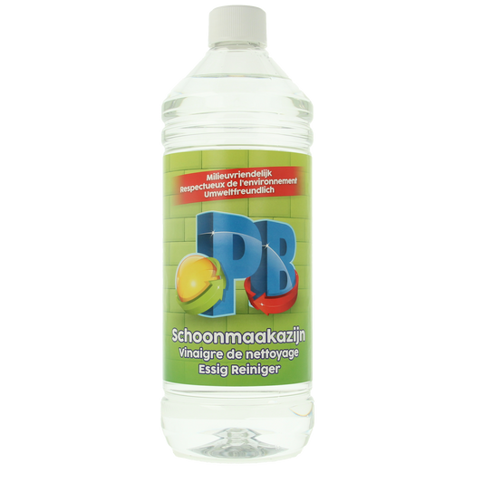 PB Schoonmaakazijn 1 liter bottle, natural cleaning vinegar for household use, with label and transparent plastic bottle.